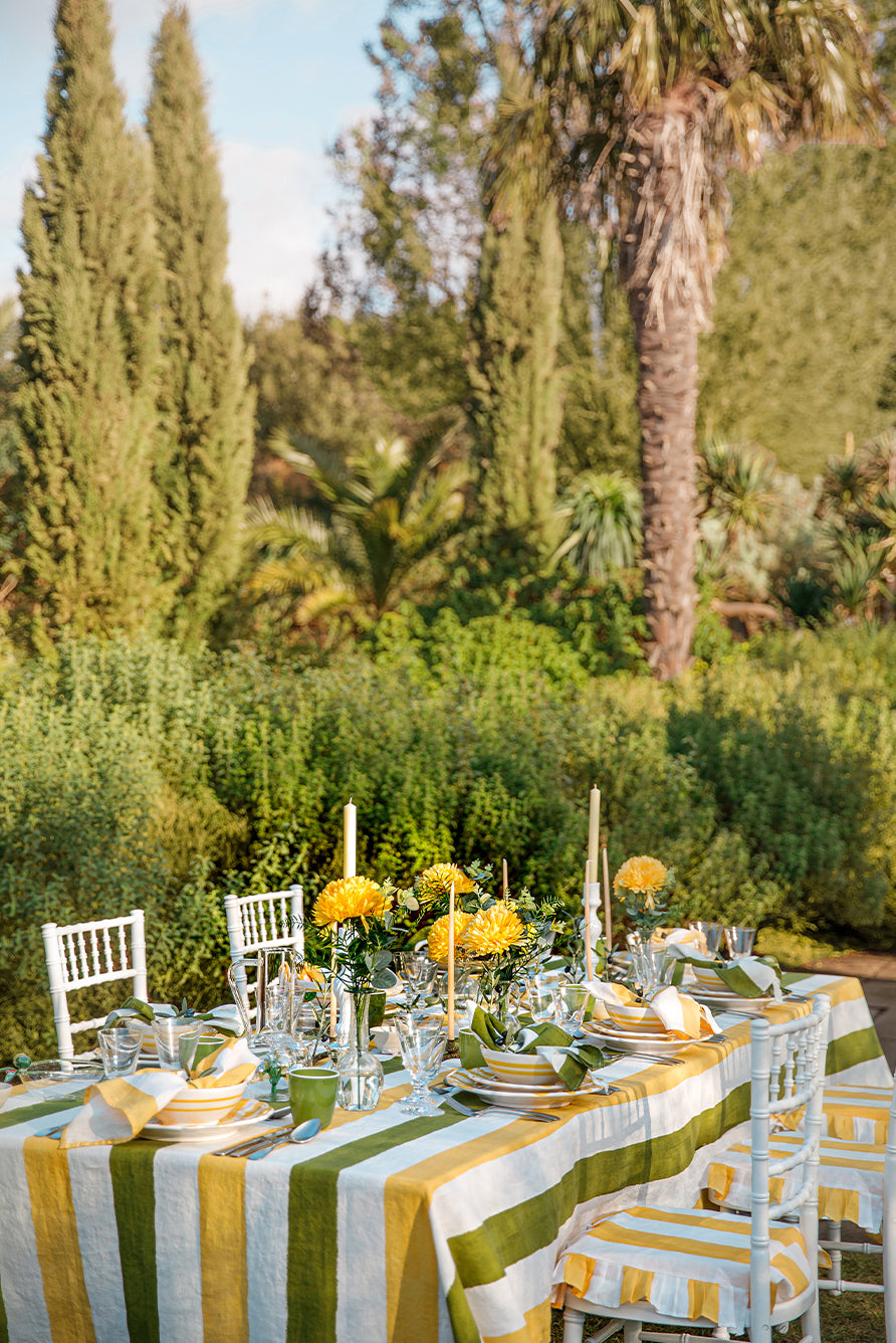'Stripe' Linen Tablecloth in Avocado Green & Lemon Yellow