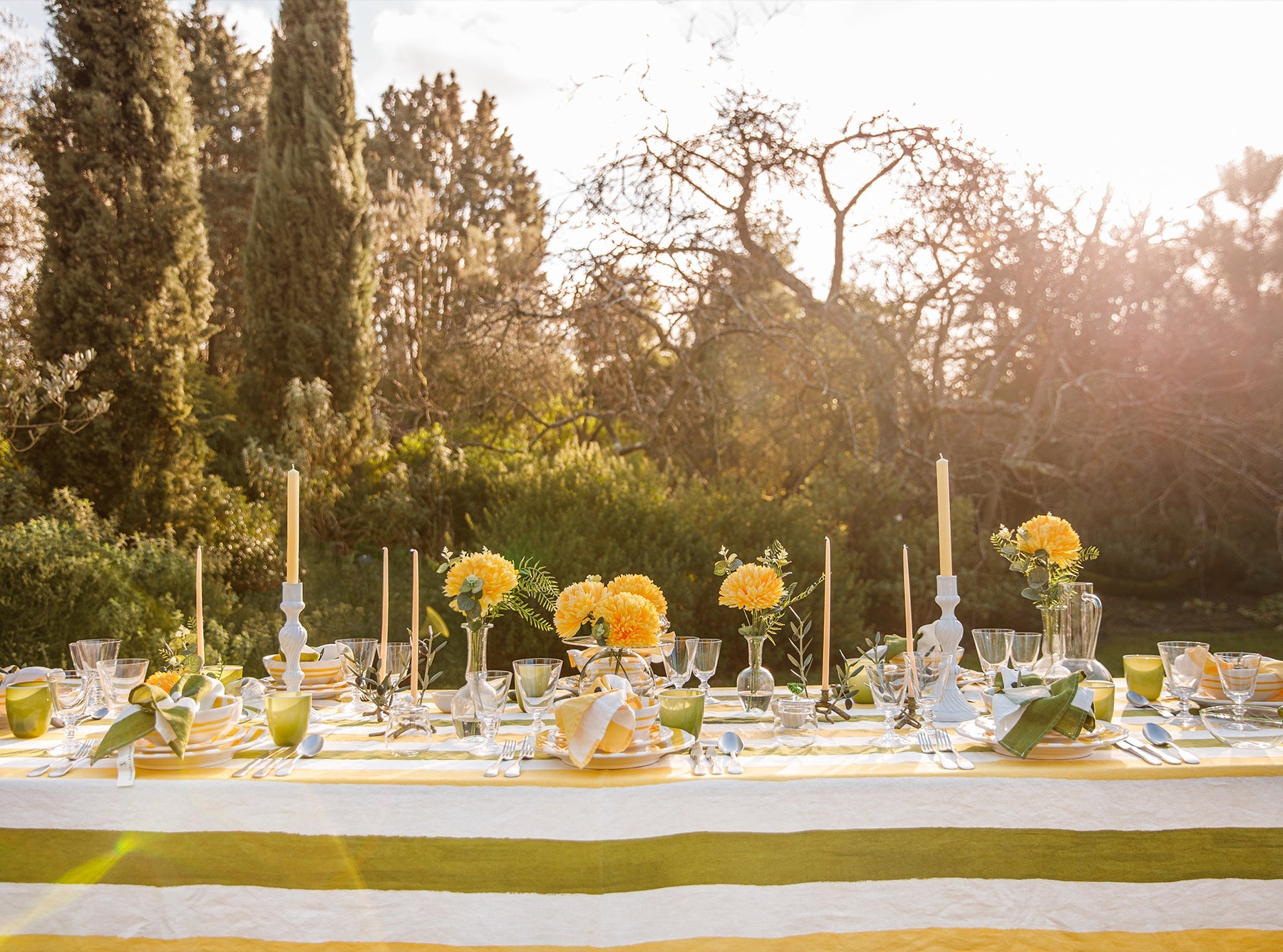 'Stripe' Linen Tablecloth in Avocado Green & Lemon Yellow