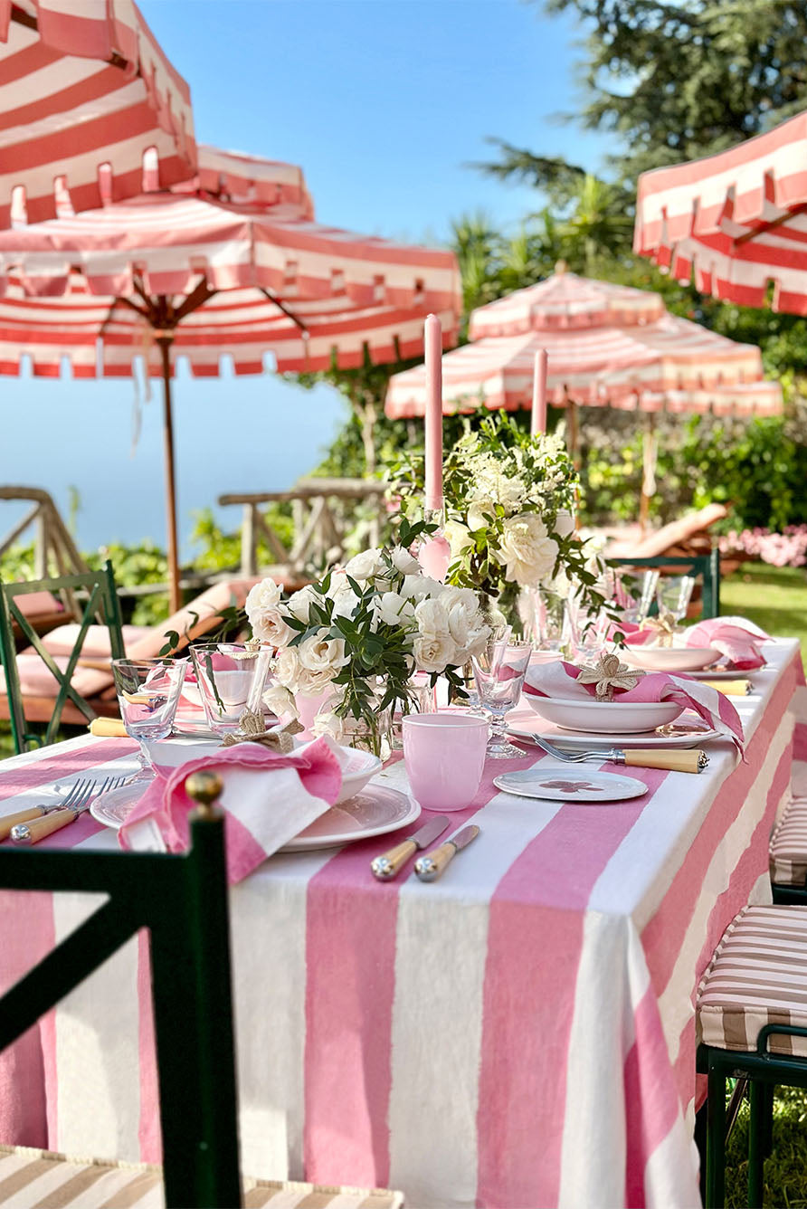 'Stripe' Linen Tablecloth in White & Pink