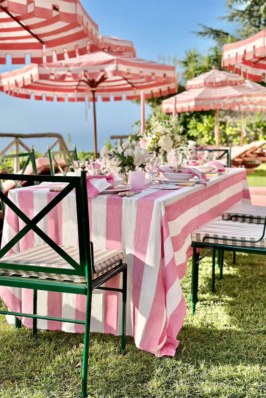'Stripe' Linen Tablecloth in White & Pink