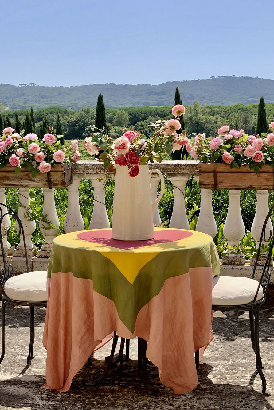 'Table for Two' Square Linen Heart Tablecloth in Pink, Green, Yellow & Red, 165cm x 165cm