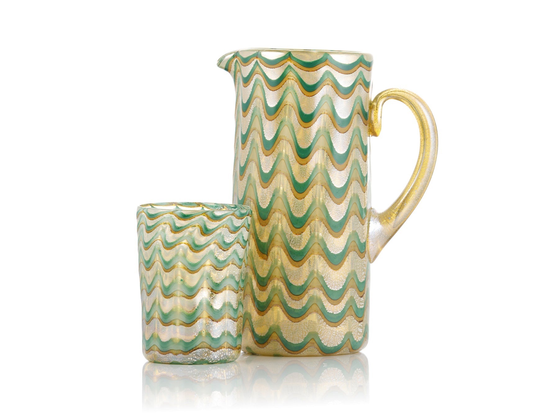 Handblown Murano Glass Wave Tumbler in Green & Gold