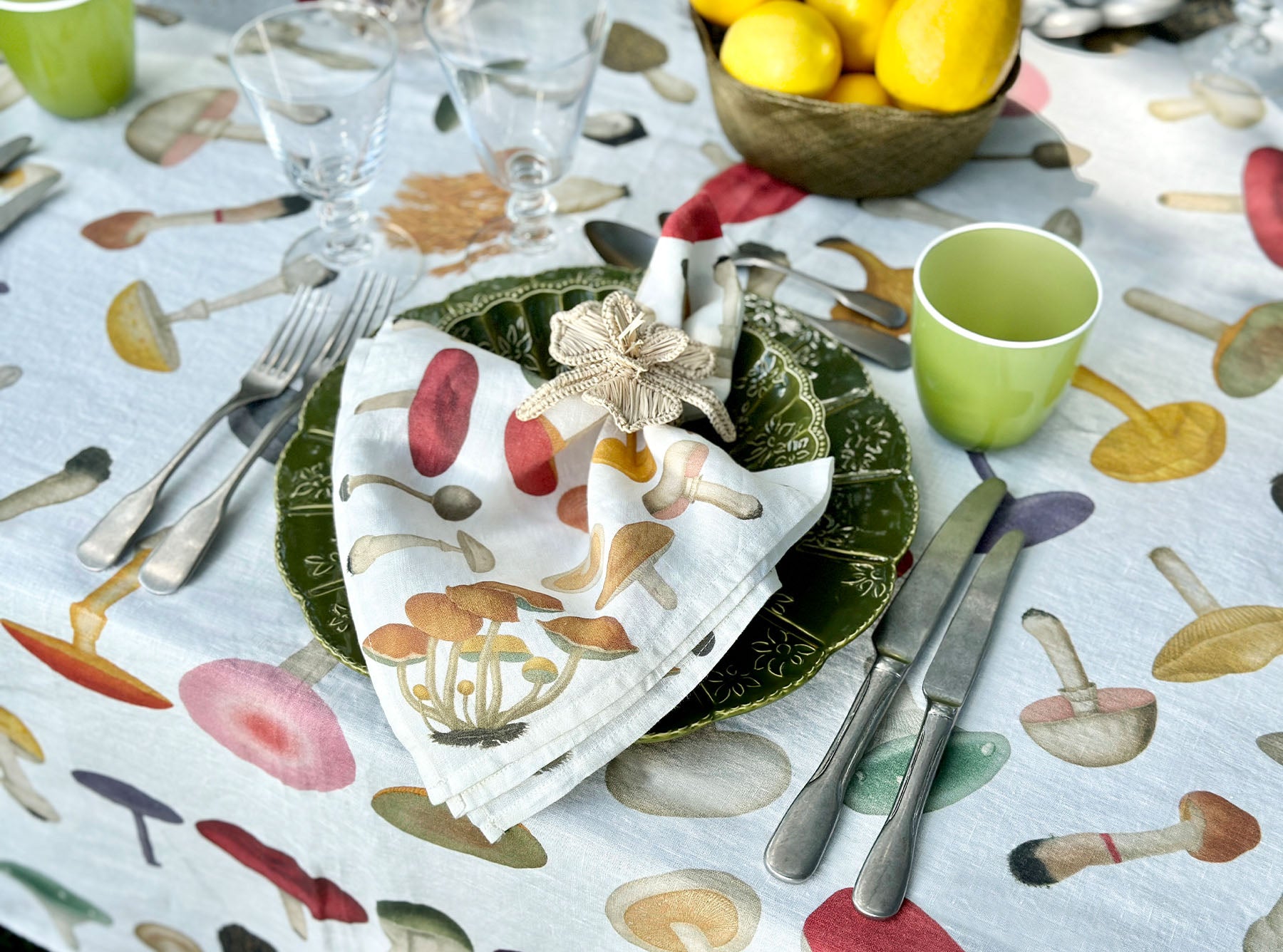 S&B x John Derian White 'Fungi' Linen Tablecloth