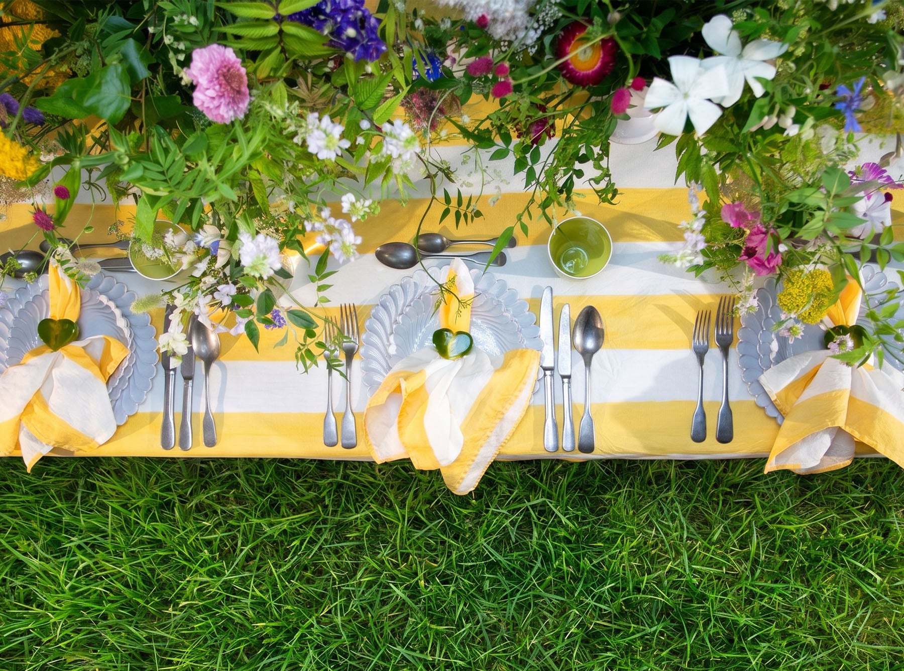 'Stripe' Linen Tablecloth in White & Yellow
