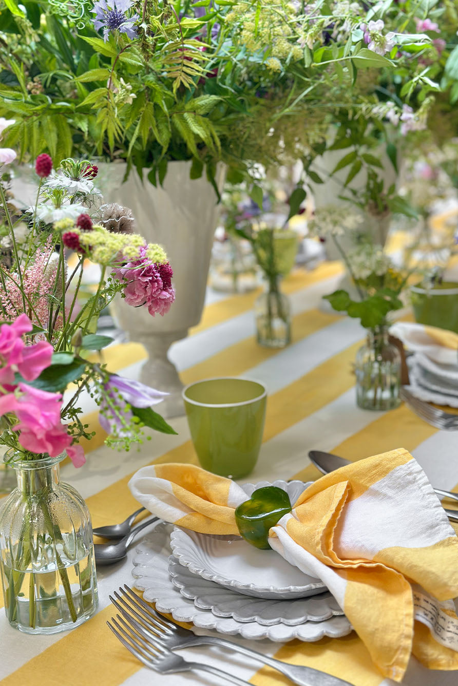 'Stripe' Linen Tablecloth in White & Yellow