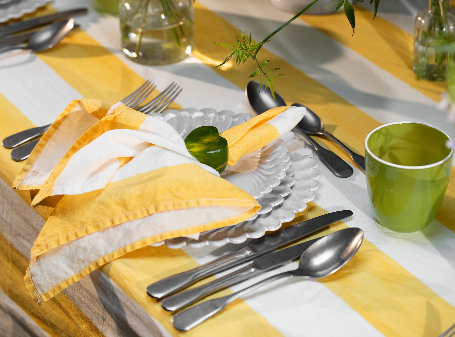 'Stripe' Linen Tablecloth in White & Yellow