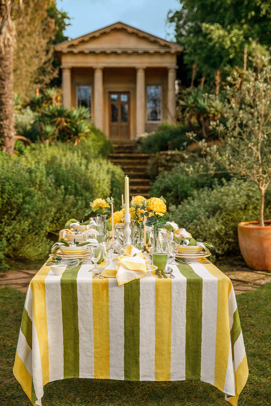 'Stripe' Linen Tablecloth in Avocado Green & Lemon Yellow