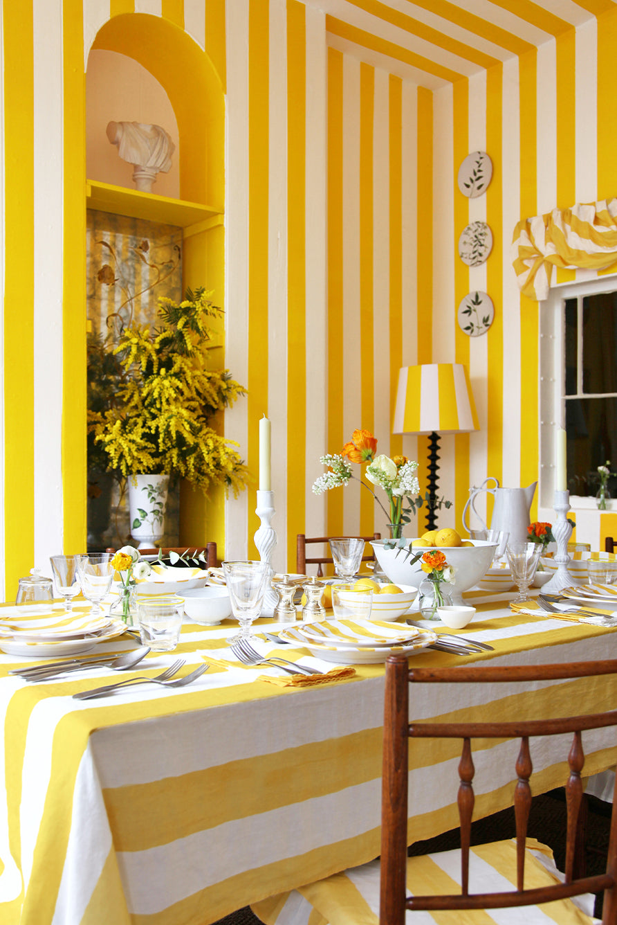 'Stripe' Linen Napkin in White & Lemon Yellow, 50x50cm