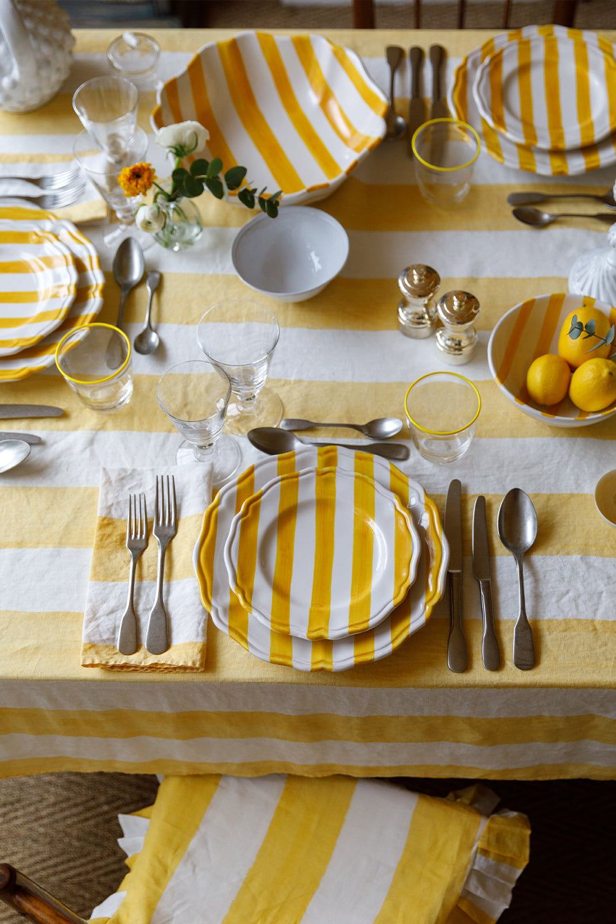 'Stripe' Linen Napkin in White & Lemon Yellow, 50x50cm