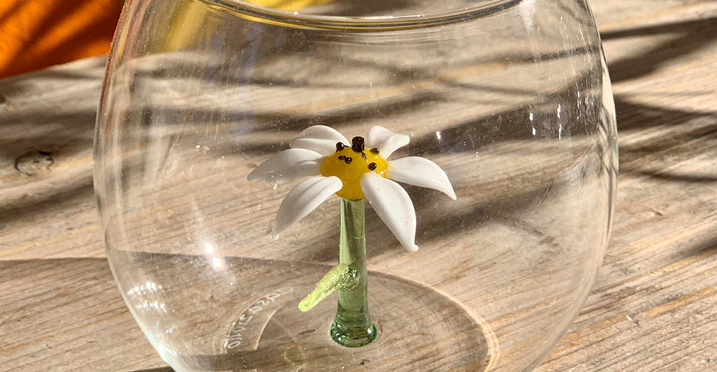 Handblown White Daisy Flower Glass