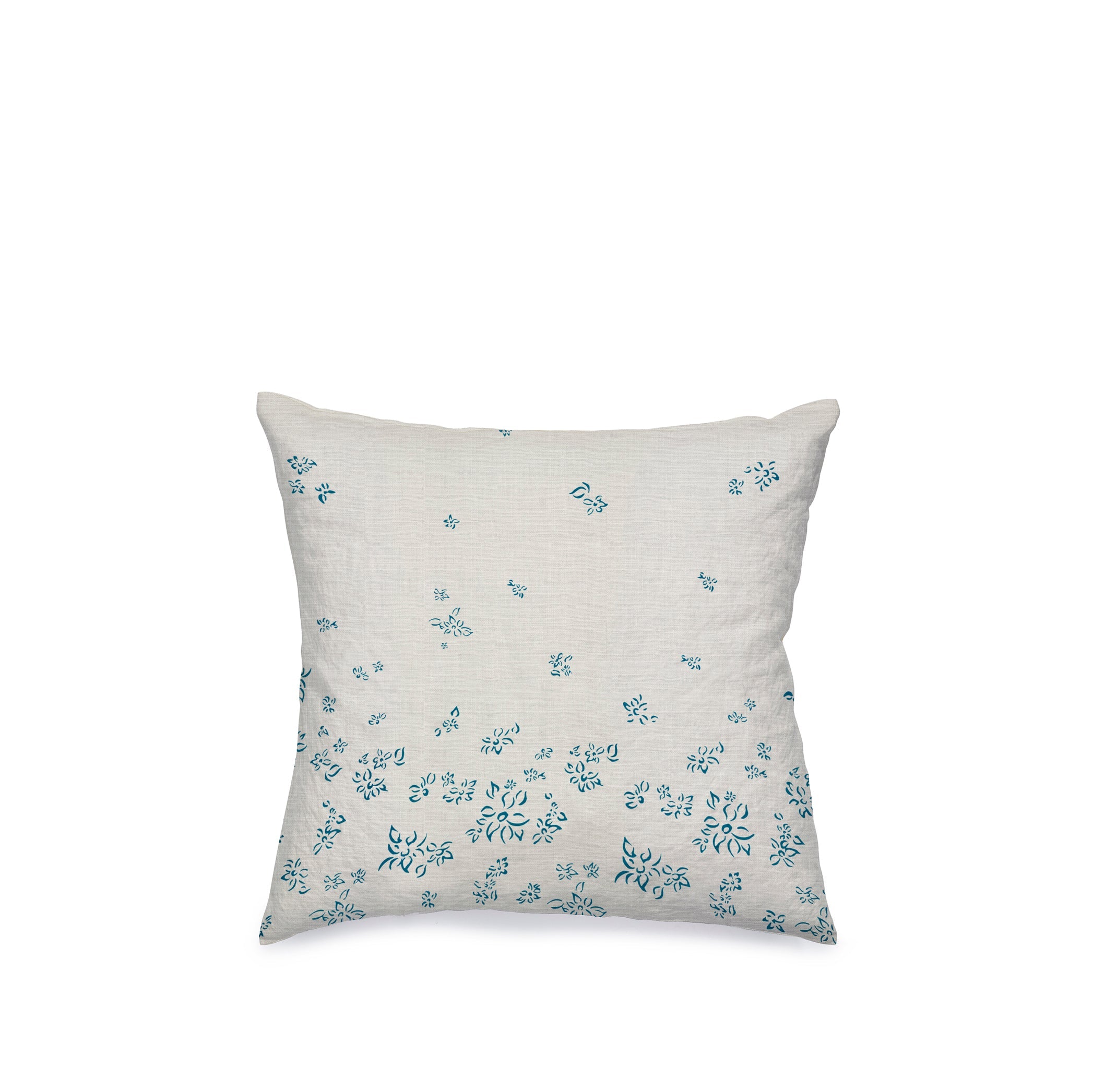 Heavy Linen Falling Flower Cushion in Blue on White, 50cm x 50cm
