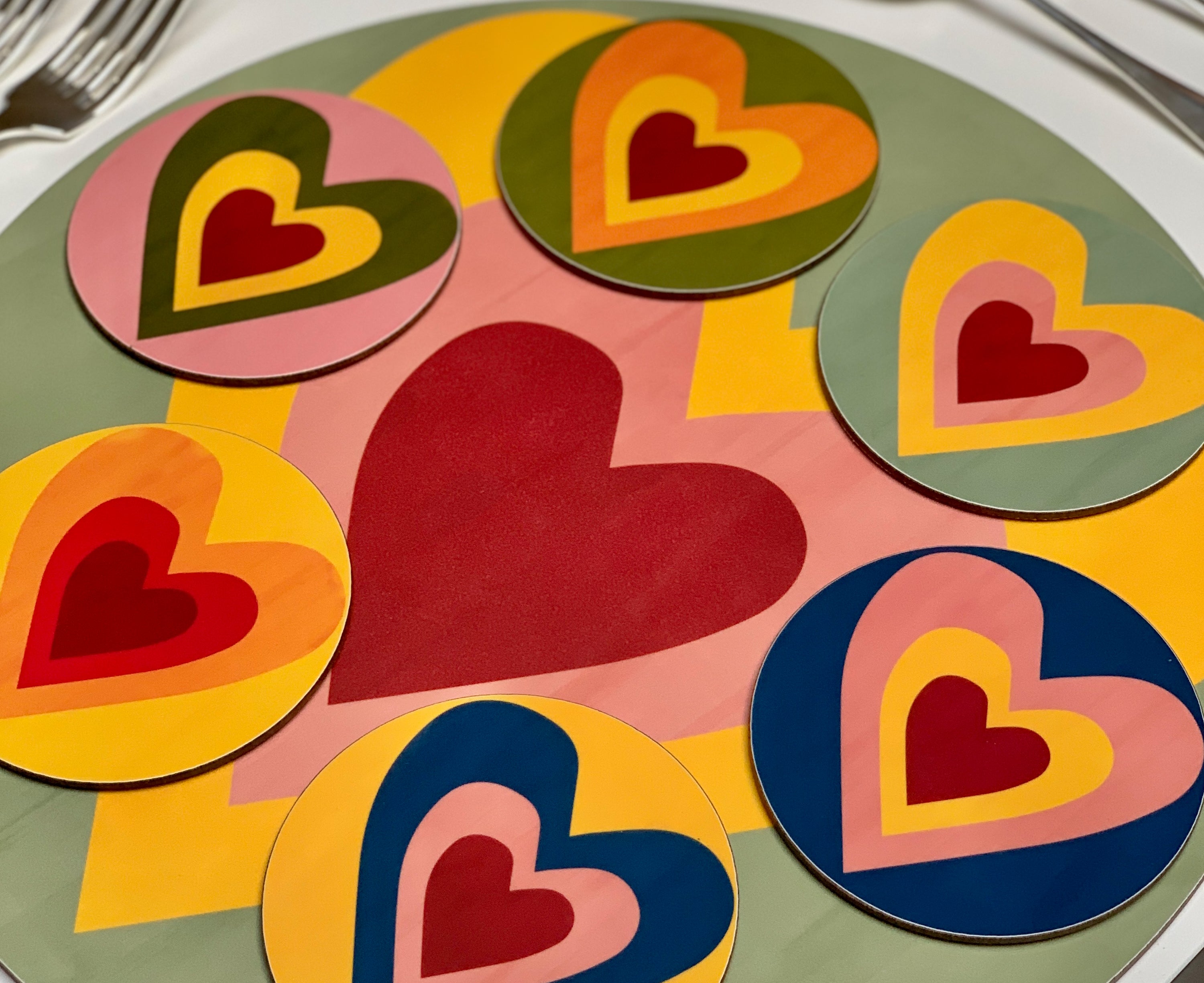 Set of Six Heart Cork-Backed Coasters in Mixed Colours