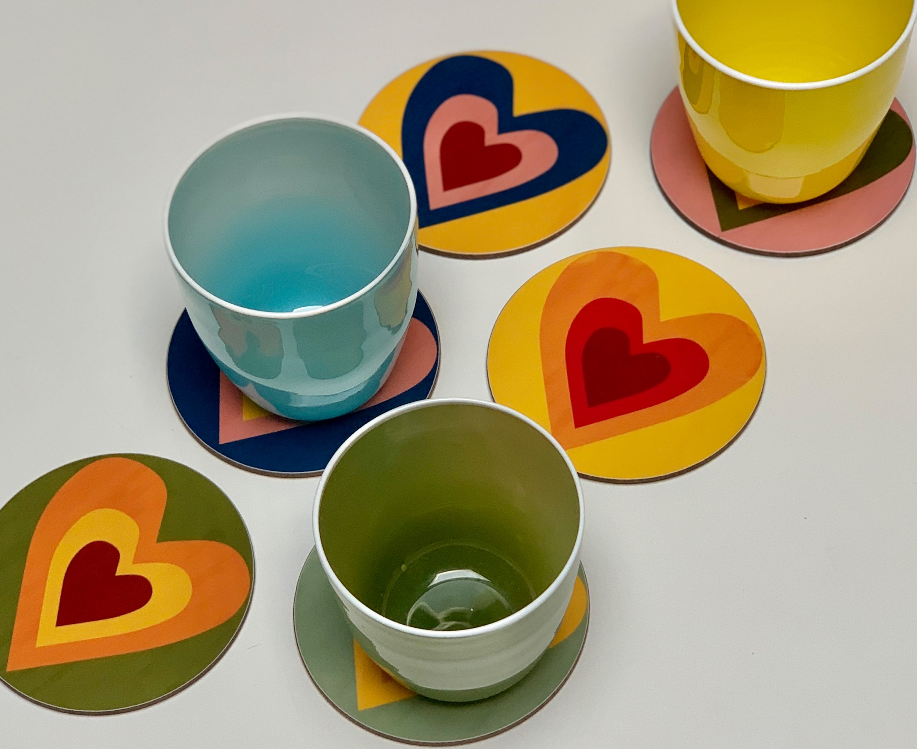 Set of Six Heart Cork-Backed Coasters in Mixed Colours
