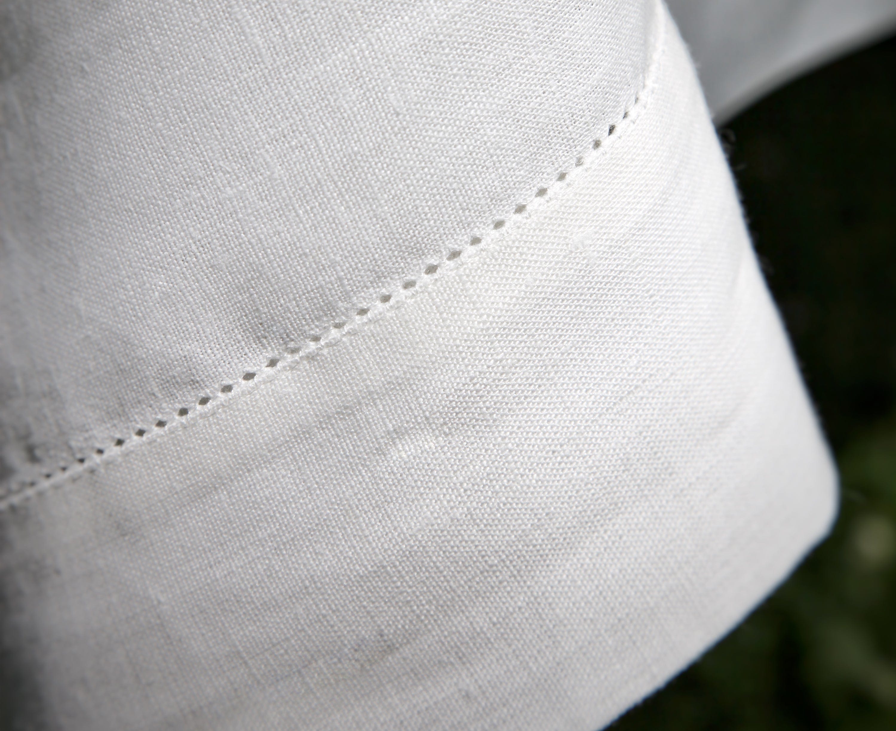 White Hemstitch Linen Tablecloth close up