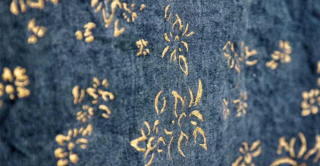 Bernadette's Hand Stamped Falling Flower On Full Field Linen Napkin in Deep Blue & Gold, 50x50cm