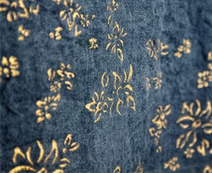 Bernadette's Hand Stamped Falling Flower On Full Field Linen Tablecloth in Deep Blue & Gold