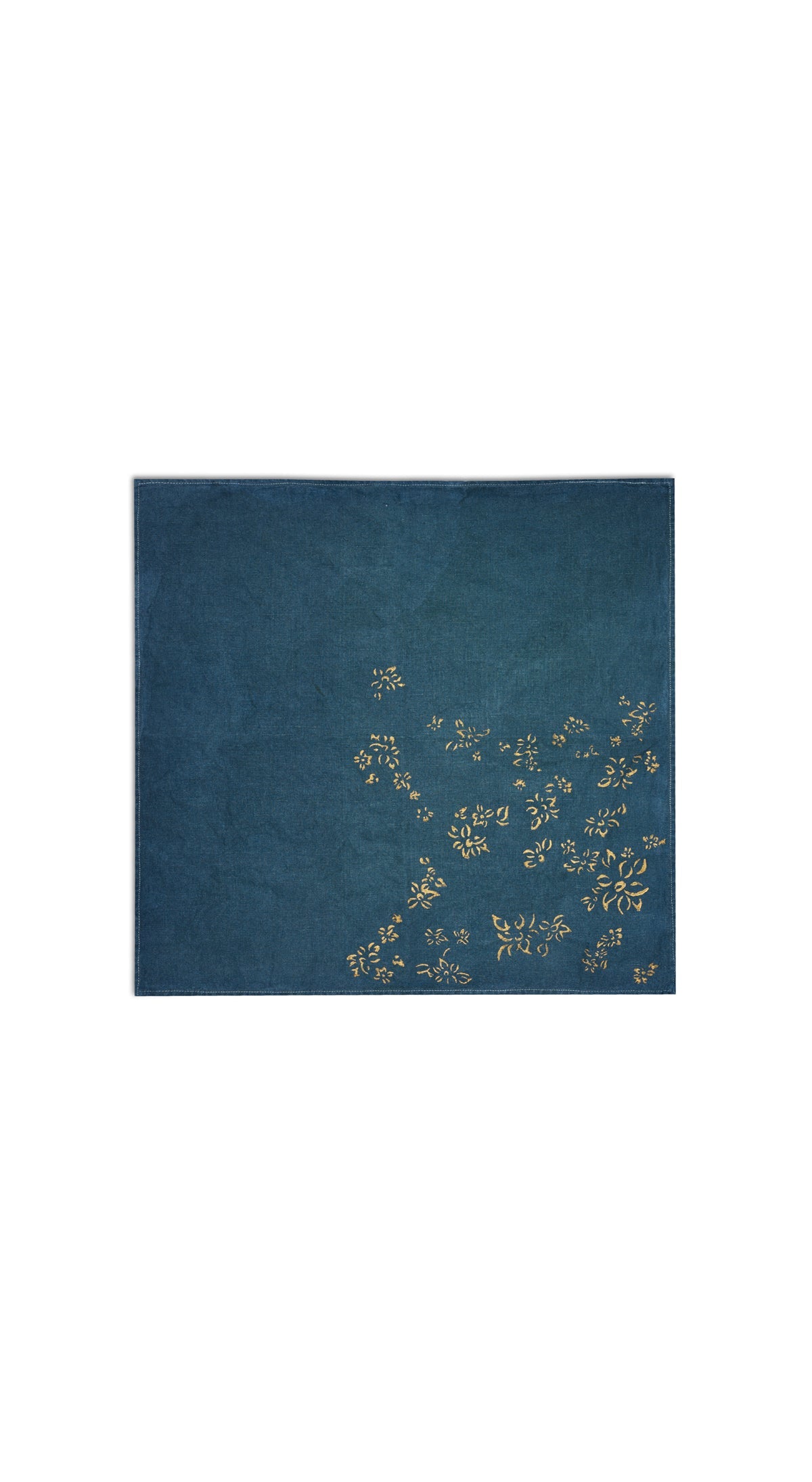 Bernadette's Hand Stamped Falling Flower On Full Field Linen Napkin in Deep Blue & Gold, 50x50cm
