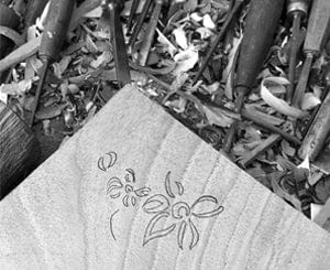 Bernadette's Hand Stamped Falling Flower On Full Field Linen Tablecloth in Deep Blue & Gold