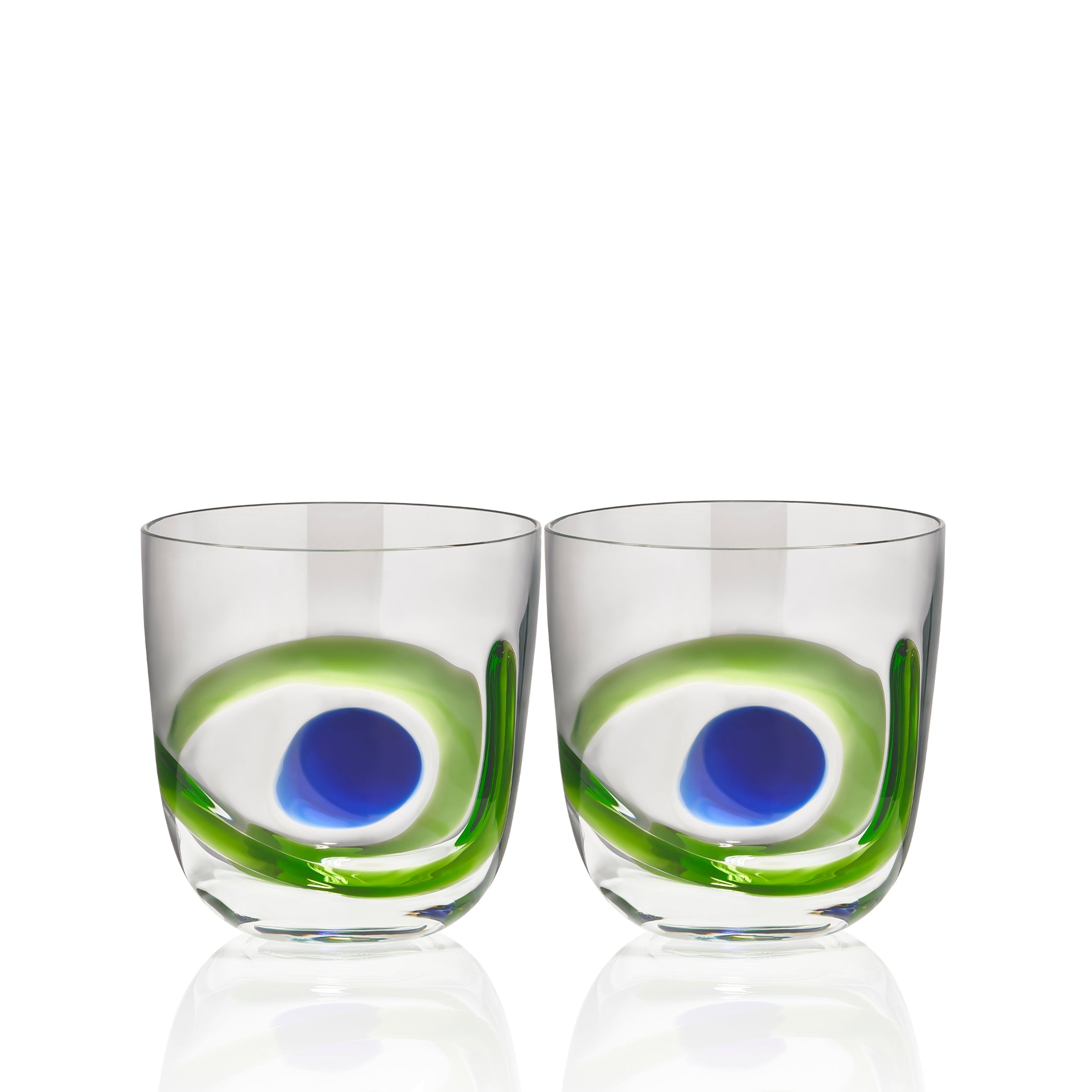 Set of Two Murano Spot & Swirl Handblown Glass Tumblers in Green and Blue, 8.5cm
