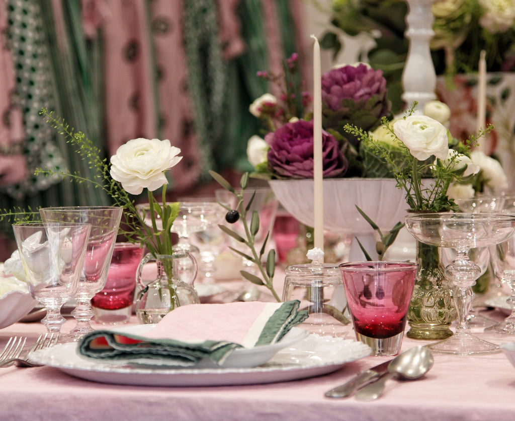 Summerill & Bishop x Lisou Heart Linen Napkin in Petal Pink and Forest Green, 50x50cm