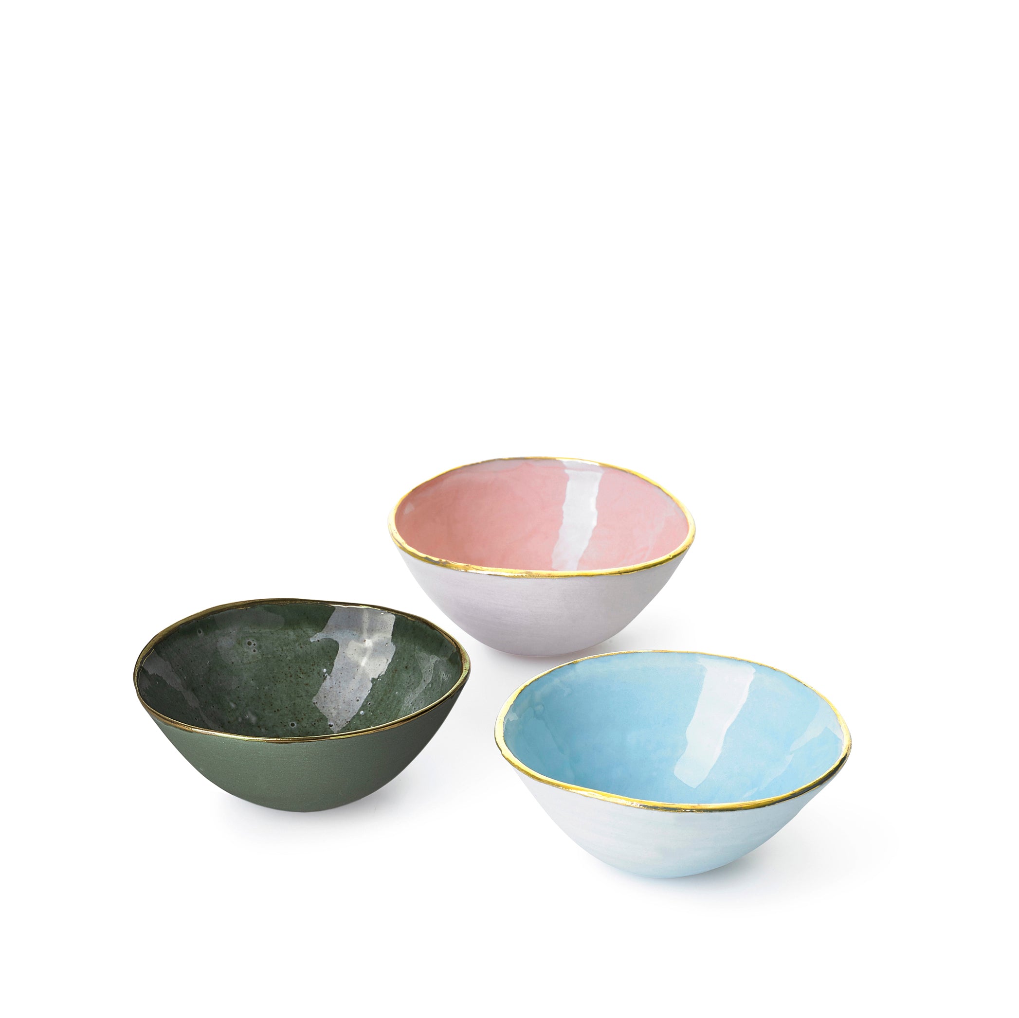 Small Olive Green Ceramic Bowl with Gold Rim, 6cm