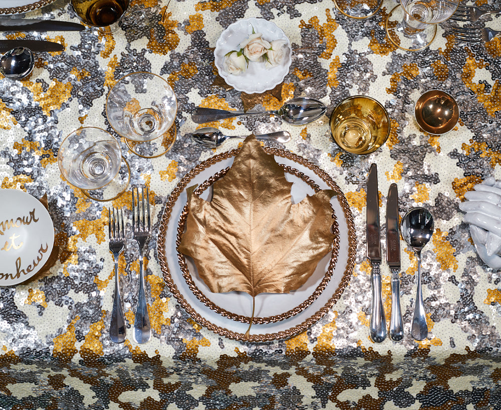 S&B Couture: 'London Plane' Sequin Table Gown in Gold, Silver and White