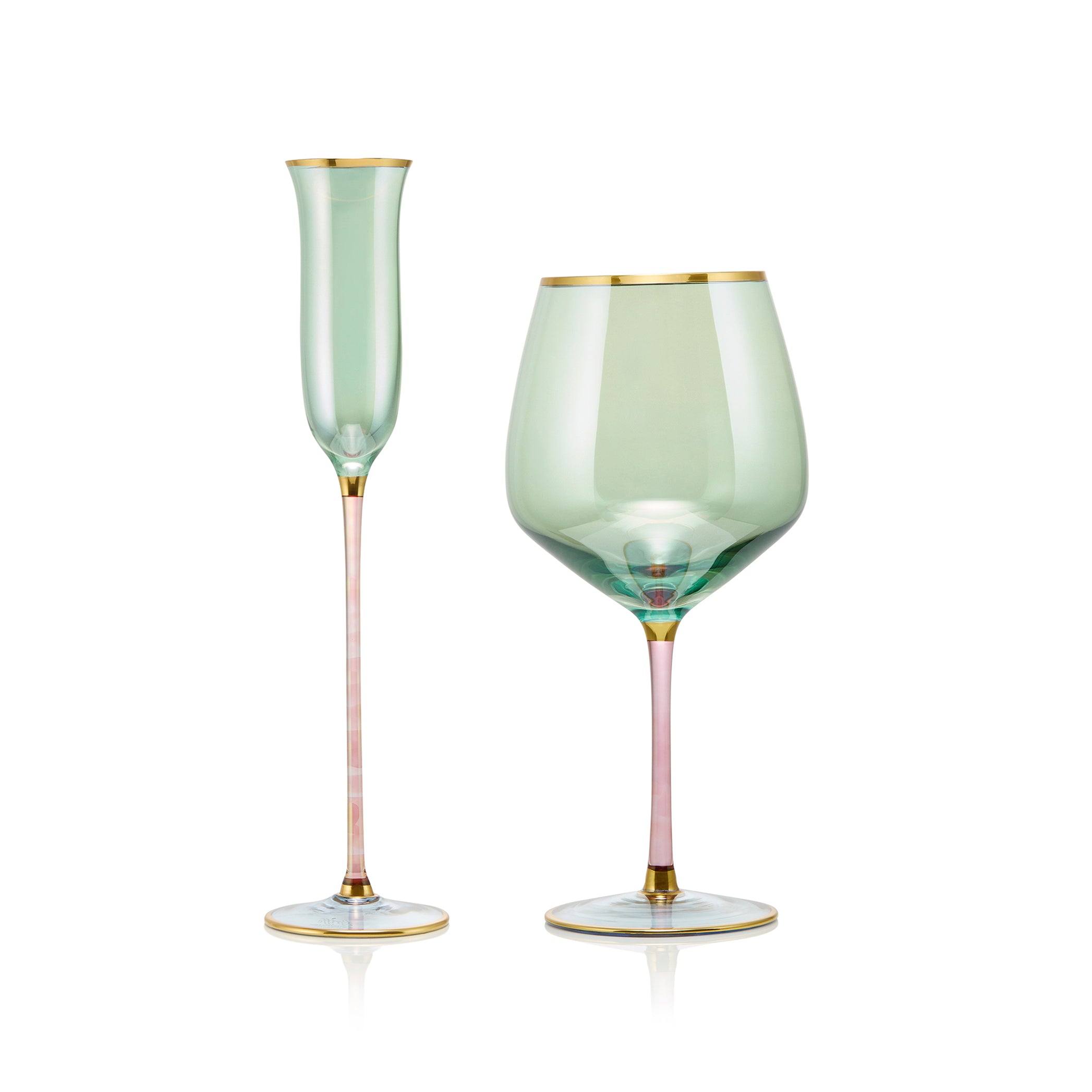 Handblown Italian Pale Green & Pink Wine Glass, 22cm