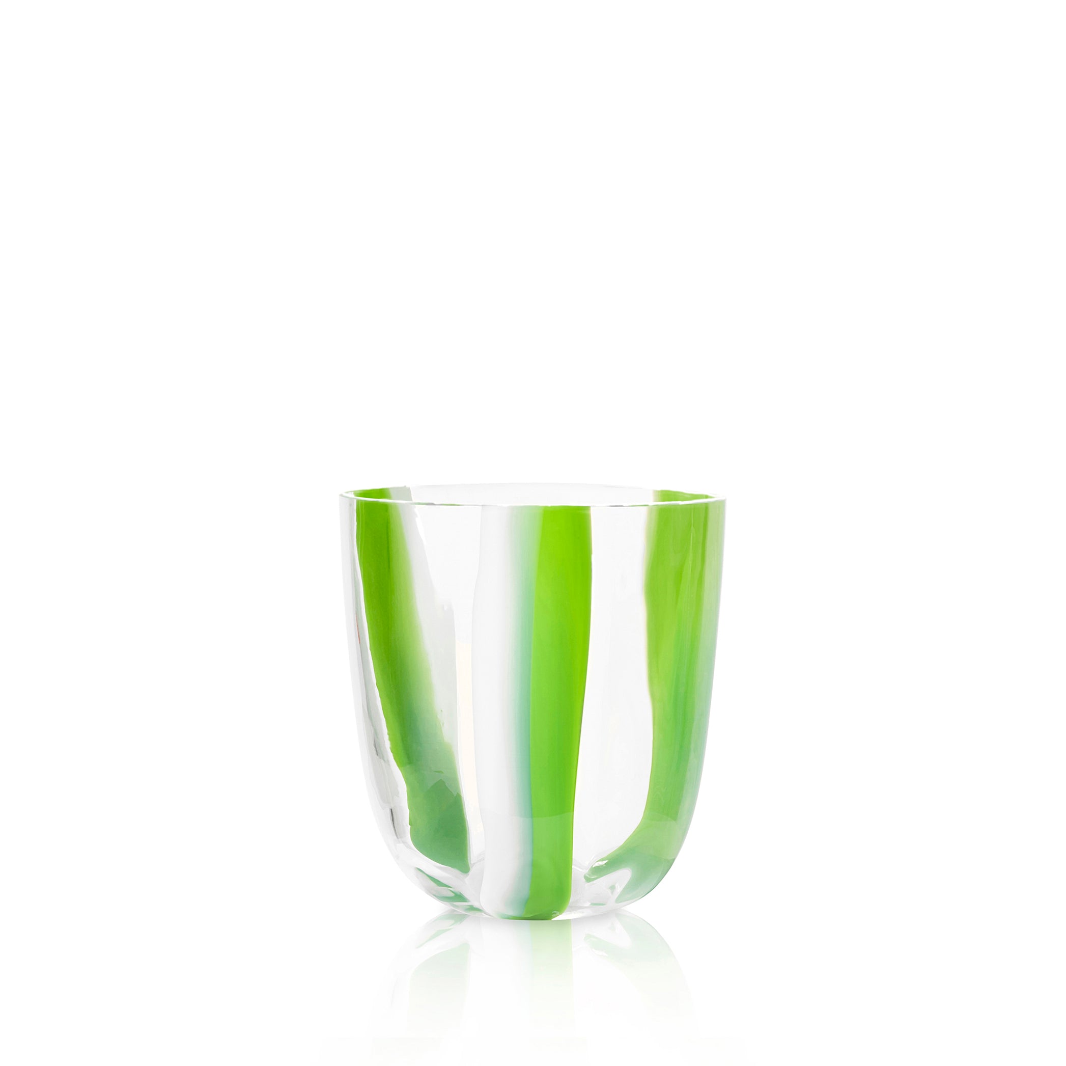 Set of Two Handblown Stripe Glass Tumbler in Avocado Green & White, 8.5cm