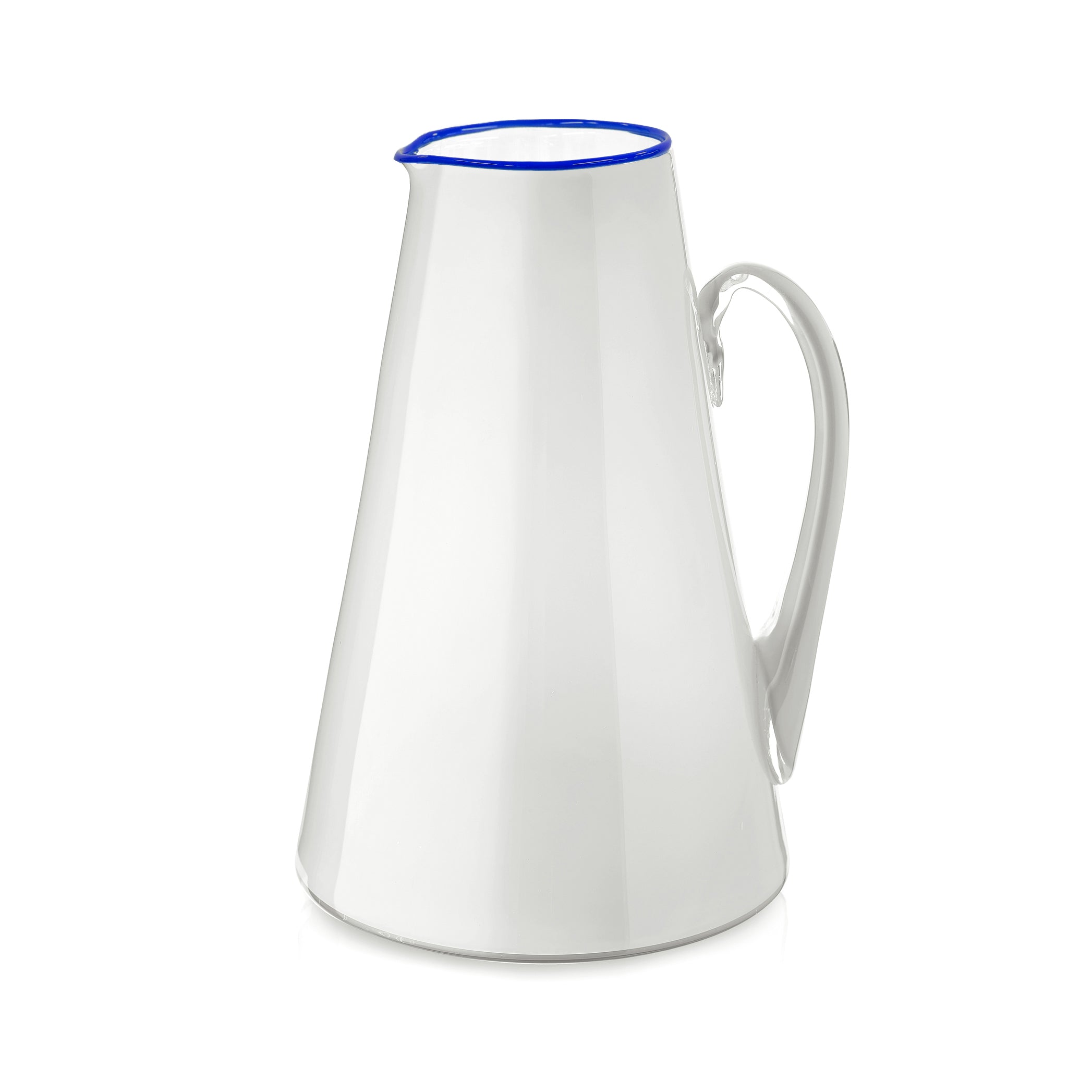 Handblown Glass Bumba Jug in White with Royal Blue Rim and Handle, 3lt