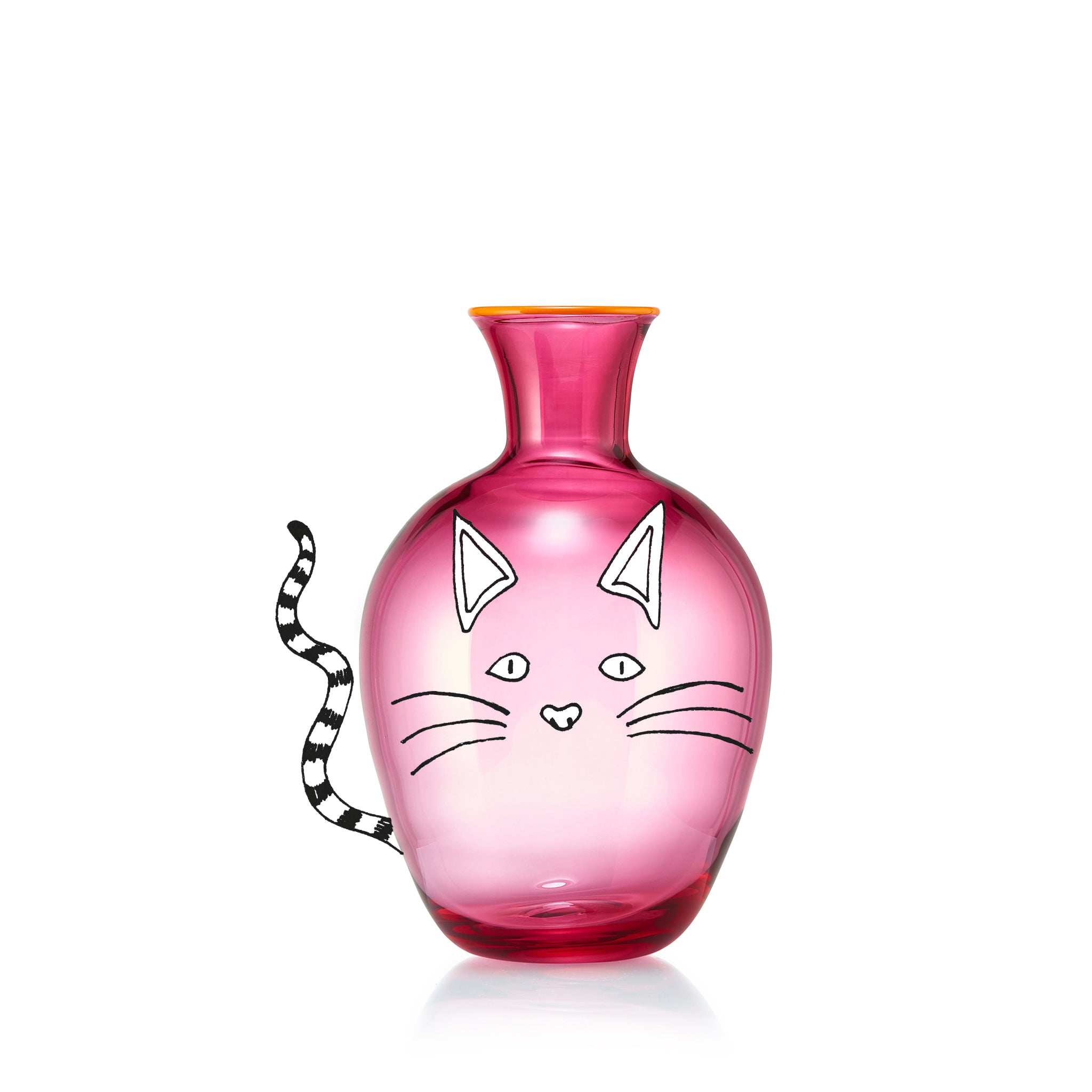 Handblown Glass Bumba Bedside Carafe and Tumbler Set in Fuchsia Pink with Orange Rim