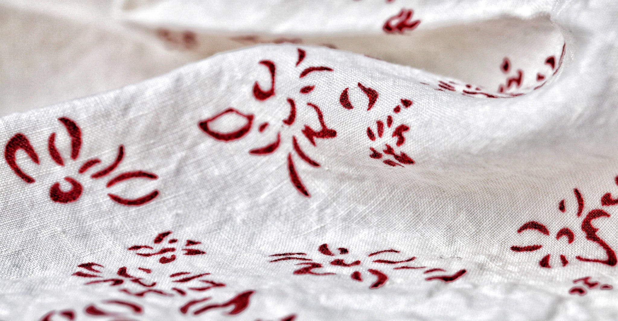 Bernadette's Hand Stamped Falling Flower Linen Tablecloth in Claret Red