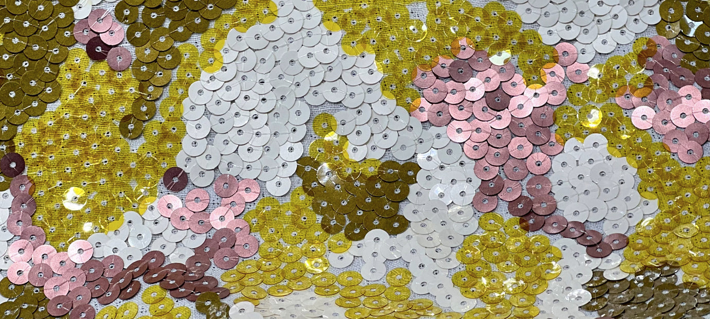 S&B Couture: 'London Plane' Sequin Table Gown in Khaki, Yellow, Dusty Pink and White