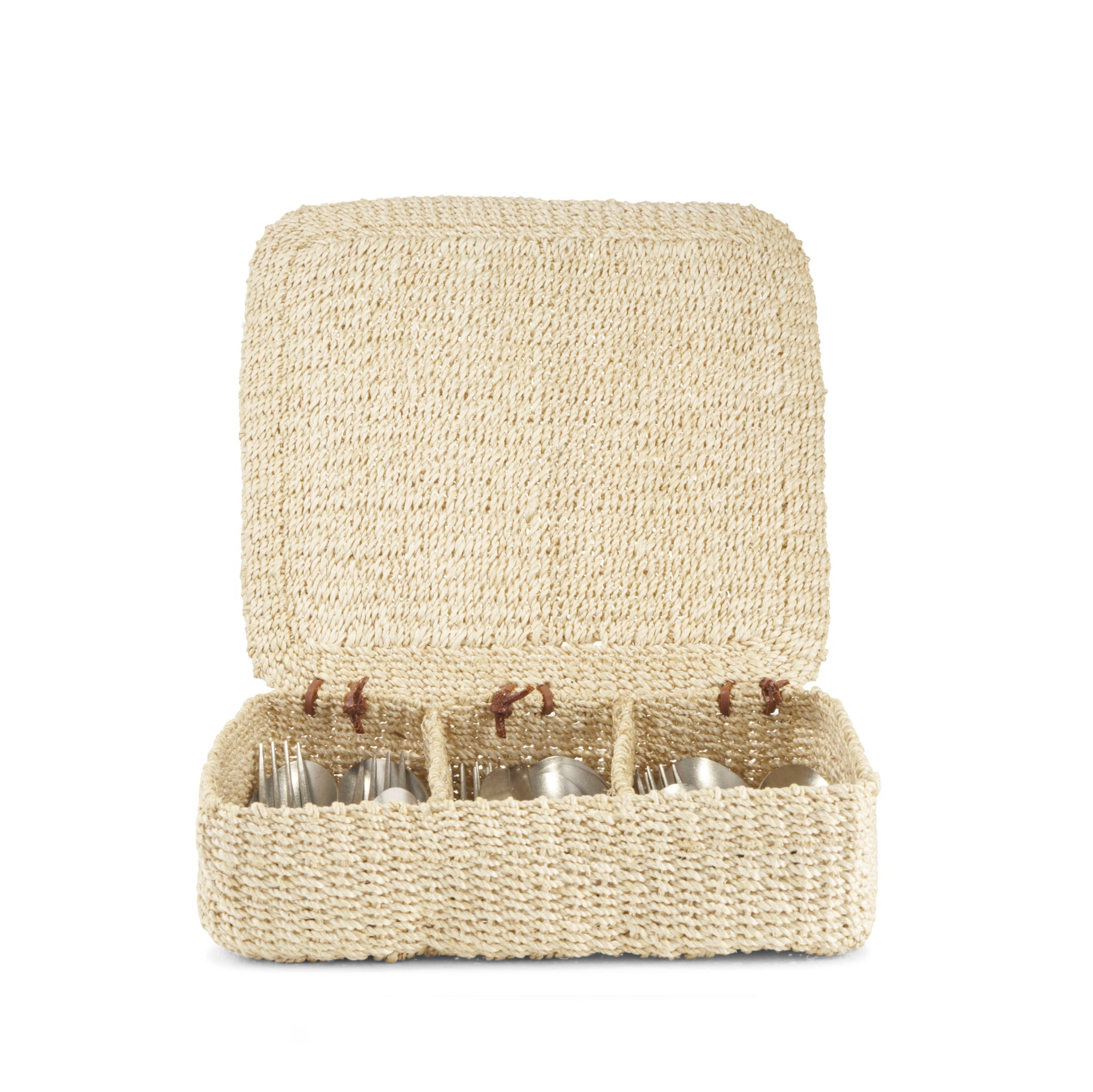 Abaca Woven Cutlery Box With a Lid in Cream