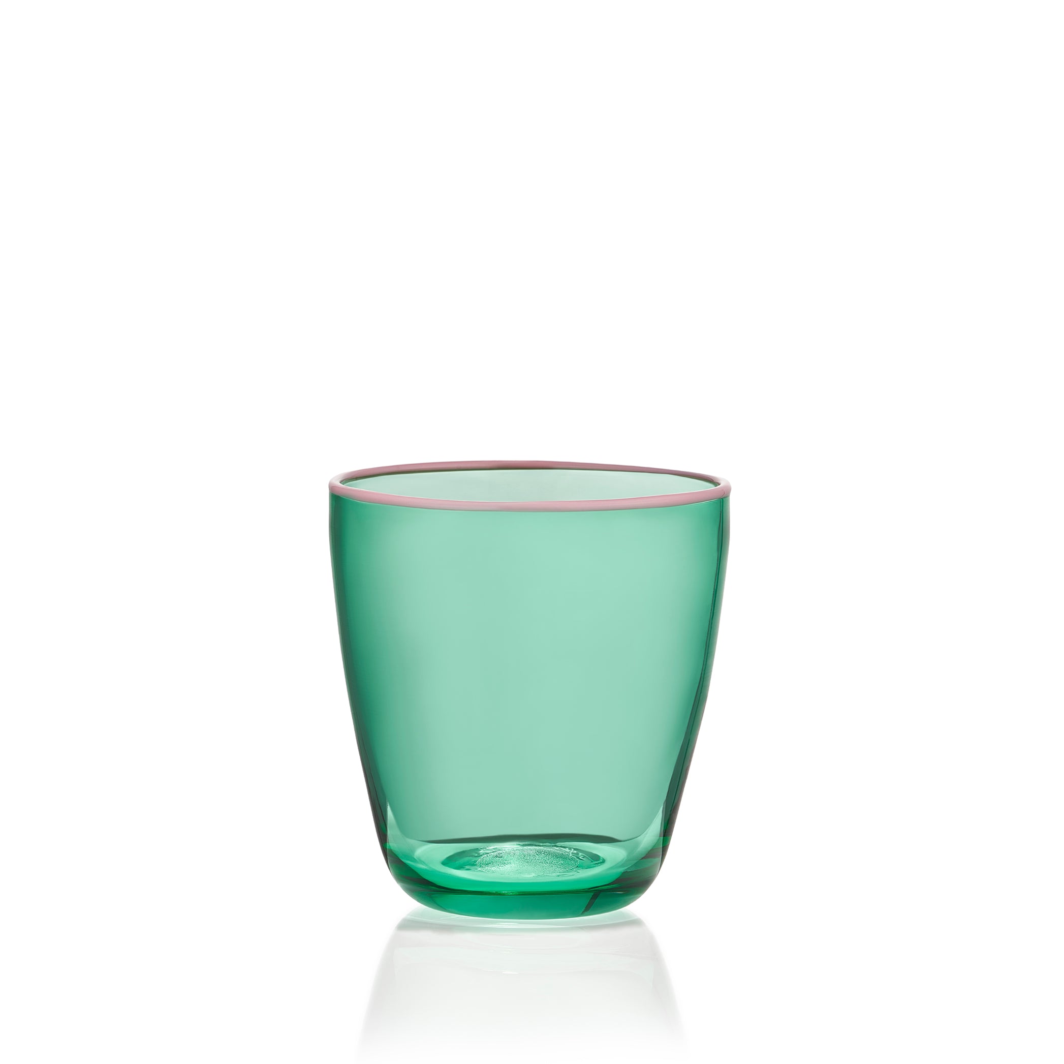 Handblown Bumba Glass Tumbler in Emerald Green with Pink Rim, 30cl