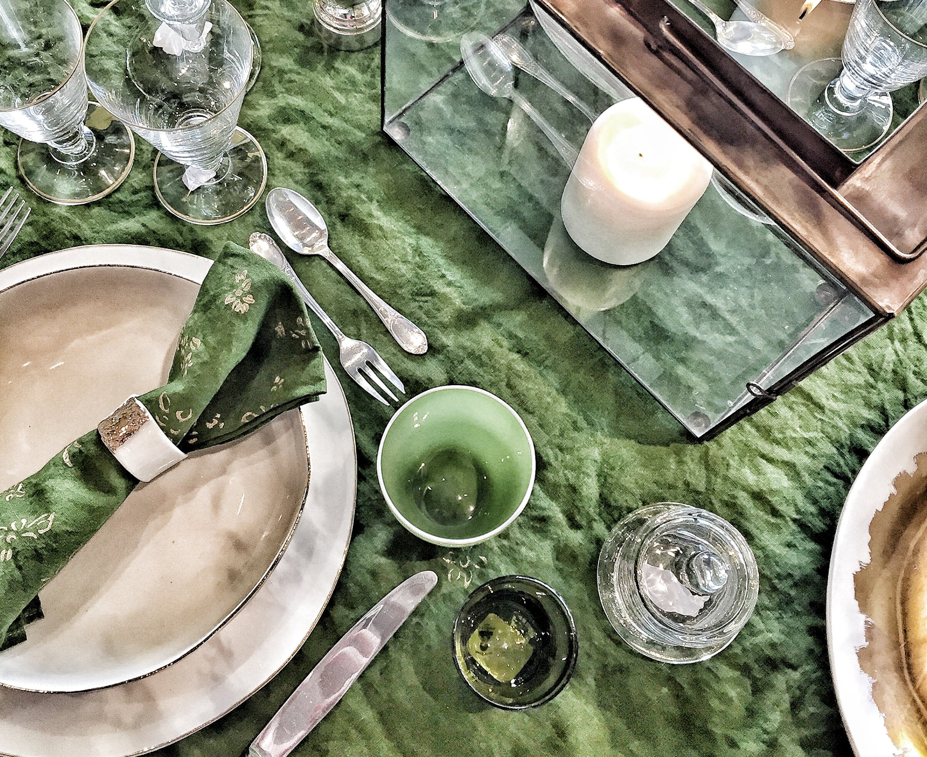 Bernadette's Hand Stamped Falling Flower On Full Field Linen Tablecloth in Avocado Green & Gold