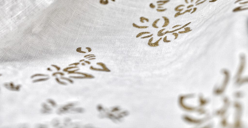 Bernadette's Hand Stamped Falling Flower Linen Tablecloth in Gold