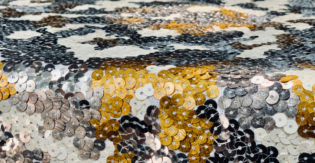 S&B Couture: 'London Plane' Sequin Table Gown in Gold, Silver and White