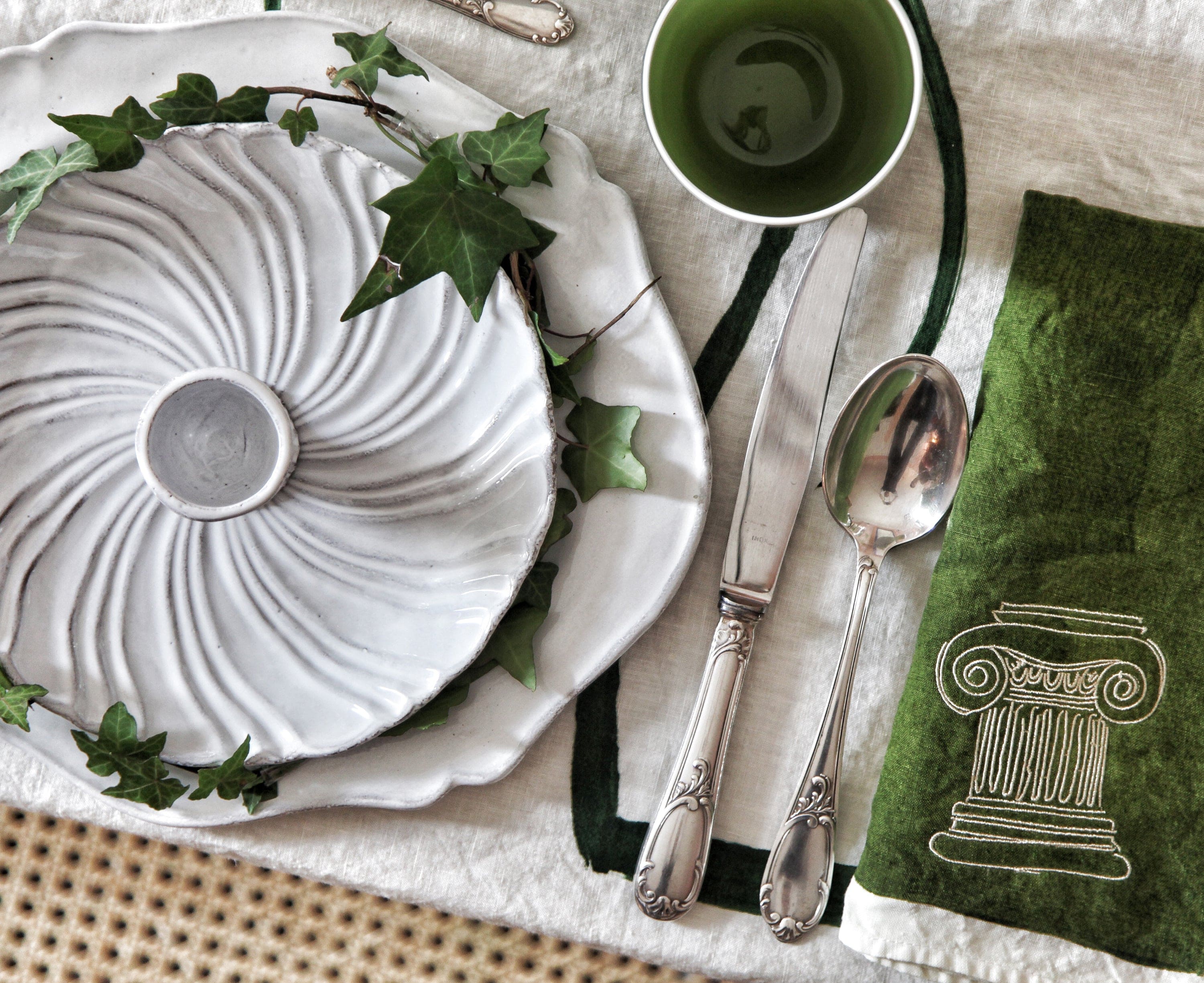 'Ionic Column' Summerill & Bishop x Luke Edward Hall Linen Napkin in Avocado Green, 50x50cm