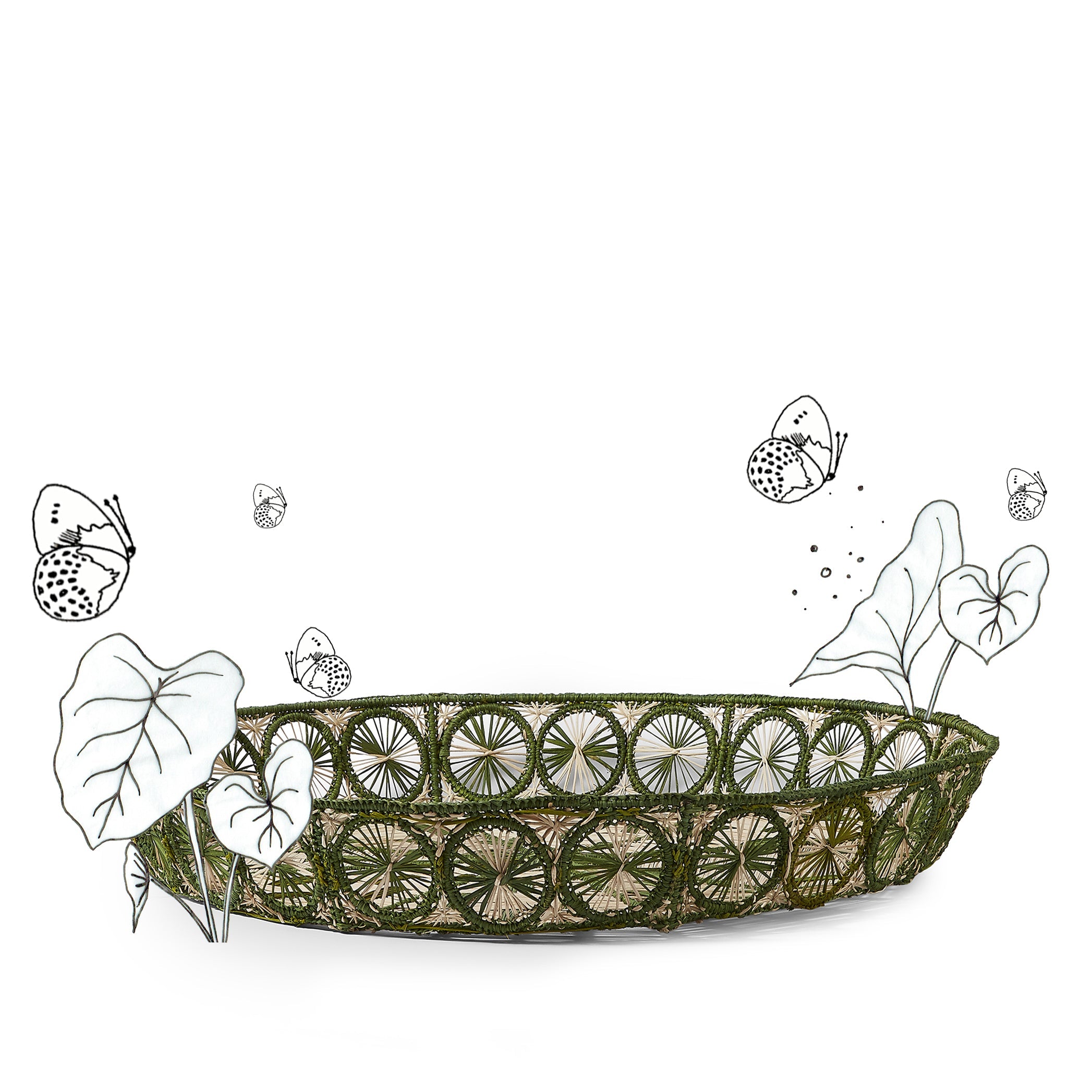 Handwoven Round Tray in Natural and Green, 50cm