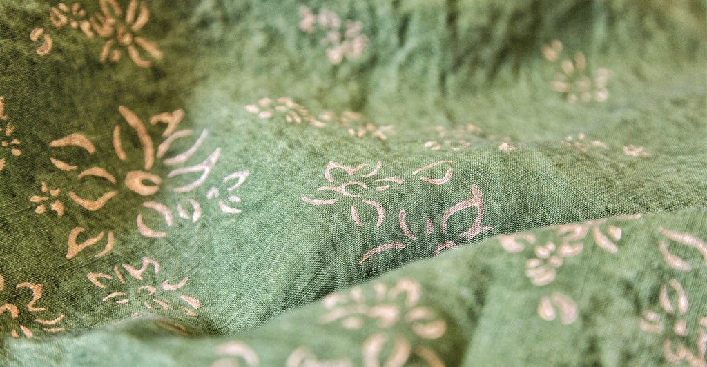 Bernadette's Hand Stamped Falling Flower On Full Field Linen Napkin in Avocado Green & Gold, 50x50cm