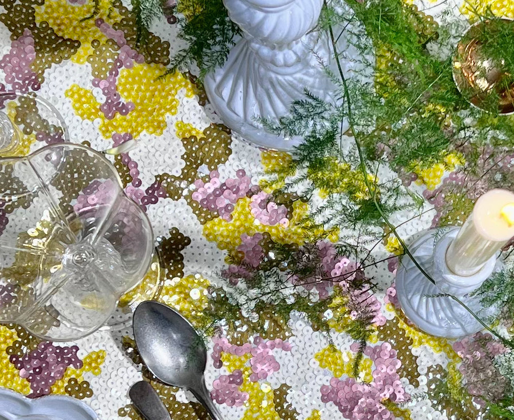 S&B Couture: 'London Plane' Sequin Table Gown in Khaki, Yellow, Dusty Pink and White