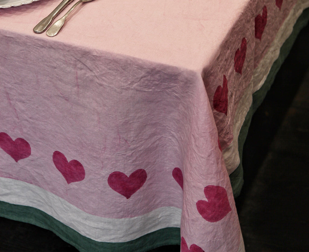 Summerill & Bishop x Lisou Heart Linen Napkin in Petal Pink and Forest Green, 50x50cm