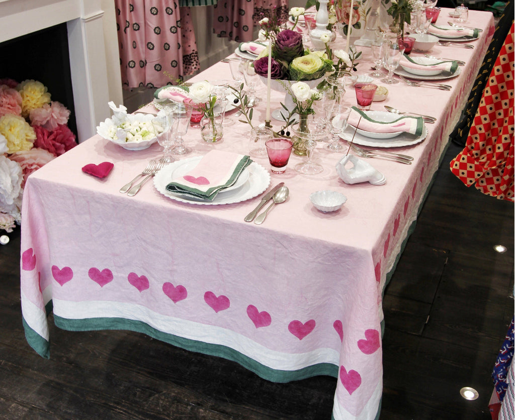 Summerill & Bishop x Lisou Heart Linen Napkin in Petal Pink and Forest Green, 50x50cm