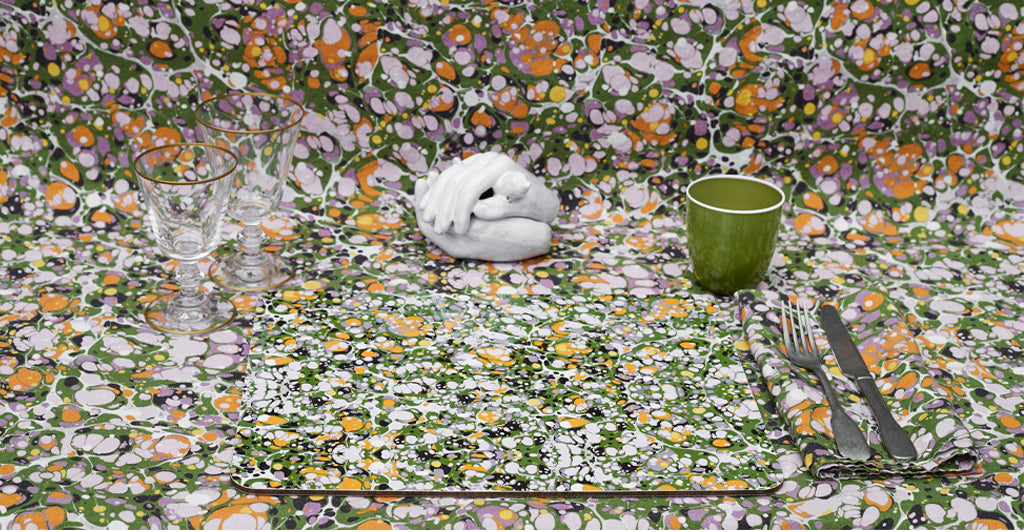 S&B 'Marble' Cork-Backed Placemat in Green, Rose Pink & Orange, 29 x 38cm