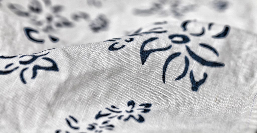 Bernadette's Hand Stamped Falling Flower Linen Tablecloth in Midnight Blue
