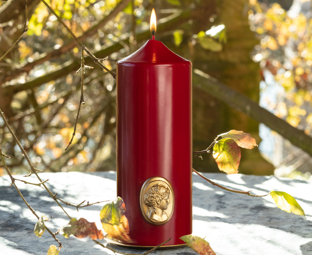 'Madame de Pompadour' Cameo Pillar Candle in Burgundy by Trudon, 15cm
