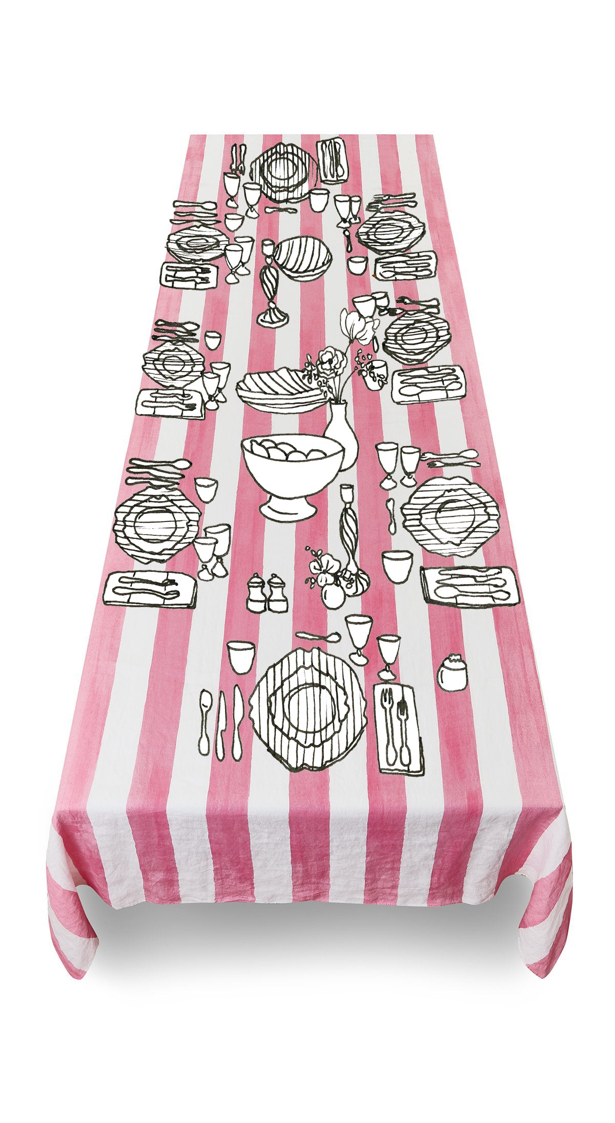 'Stripe' Linen Tablecloth in White & Pink