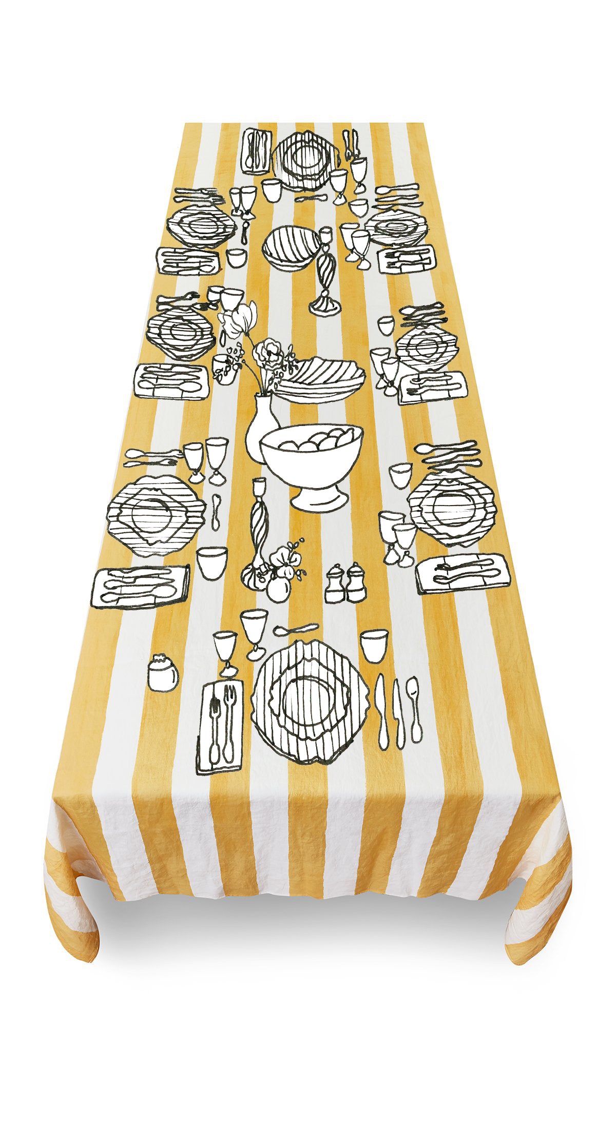 'Stripe' Linen Tablecloth in White & Yellow