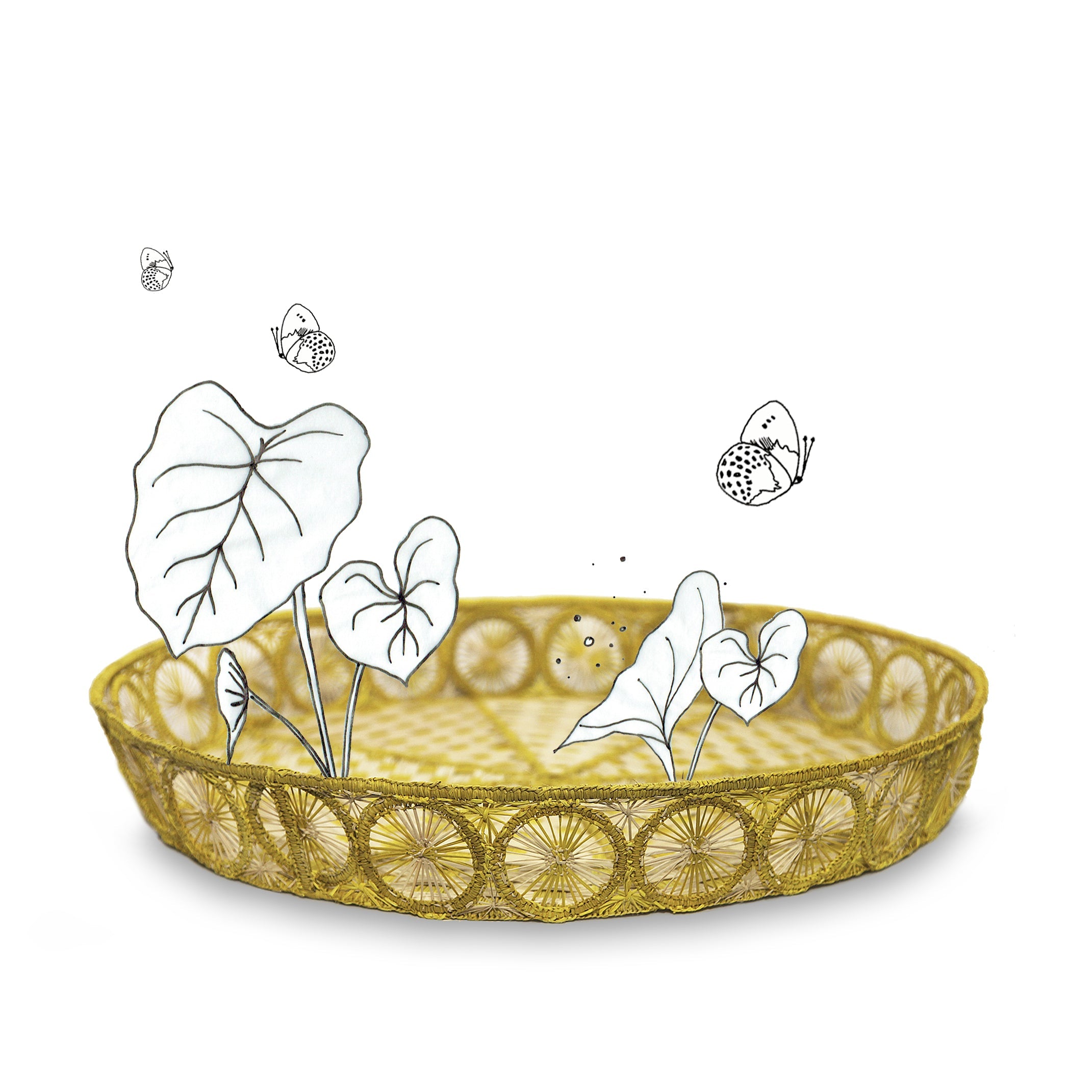 Handwoven Round Tray in Natural and Yellow, 50cm