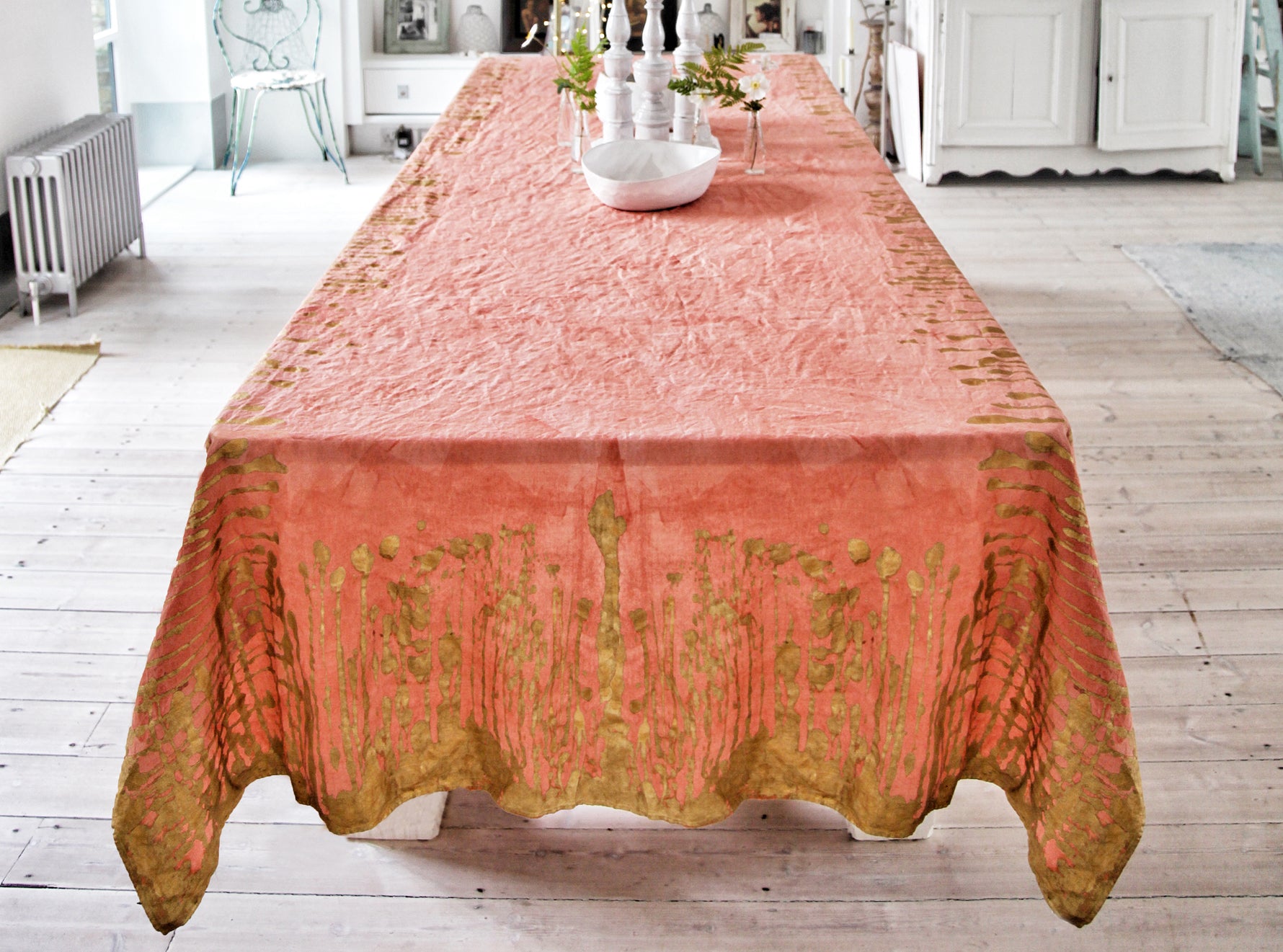 Ink Linen Tablecloth in Deep Pink with Gold Drips